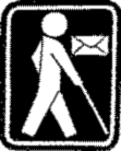 Schwarz-weiss Zeichnung: Blinde Person mit Stock. Briefumschlag oben rechts