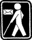 Schwarz-weiss Zeichnung: Blinde Person mit Stock. Briefumschlag oben links